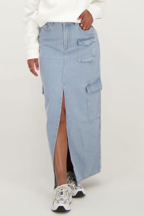 Blauwe cargo denim midi rok MJ09960