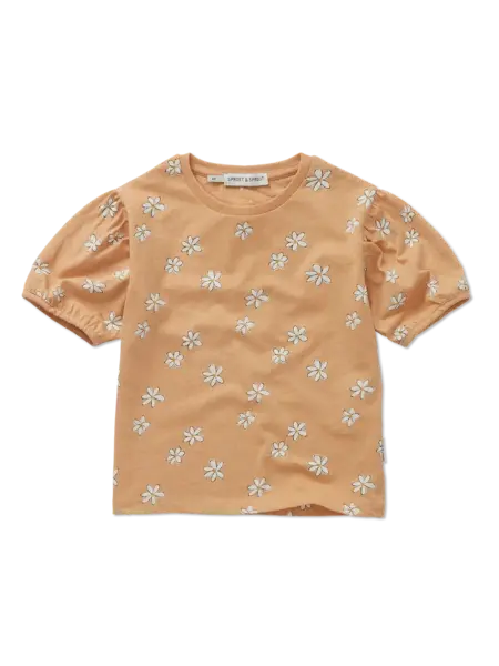 T-shirt puff sleeve daisies print S25-1642 Nectarine