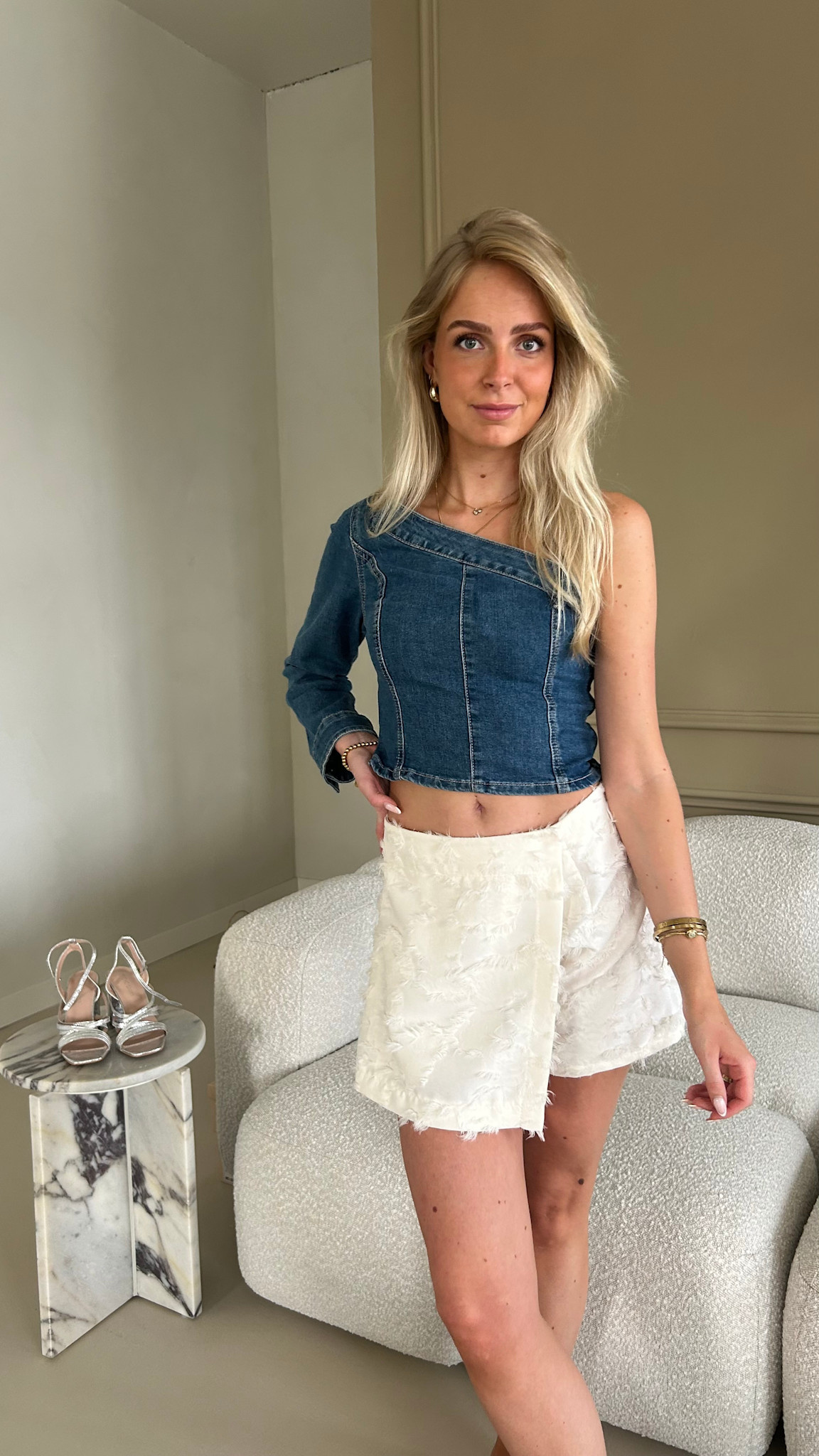 Denim one shoulder longsleeve top