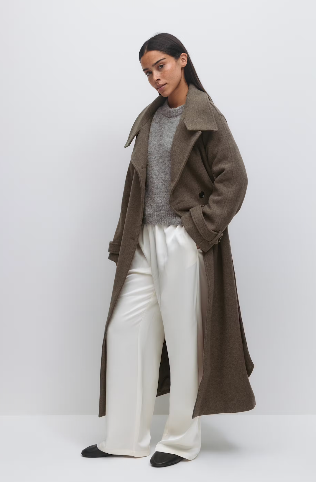 Belted wool blend coat 23815 taupe grey