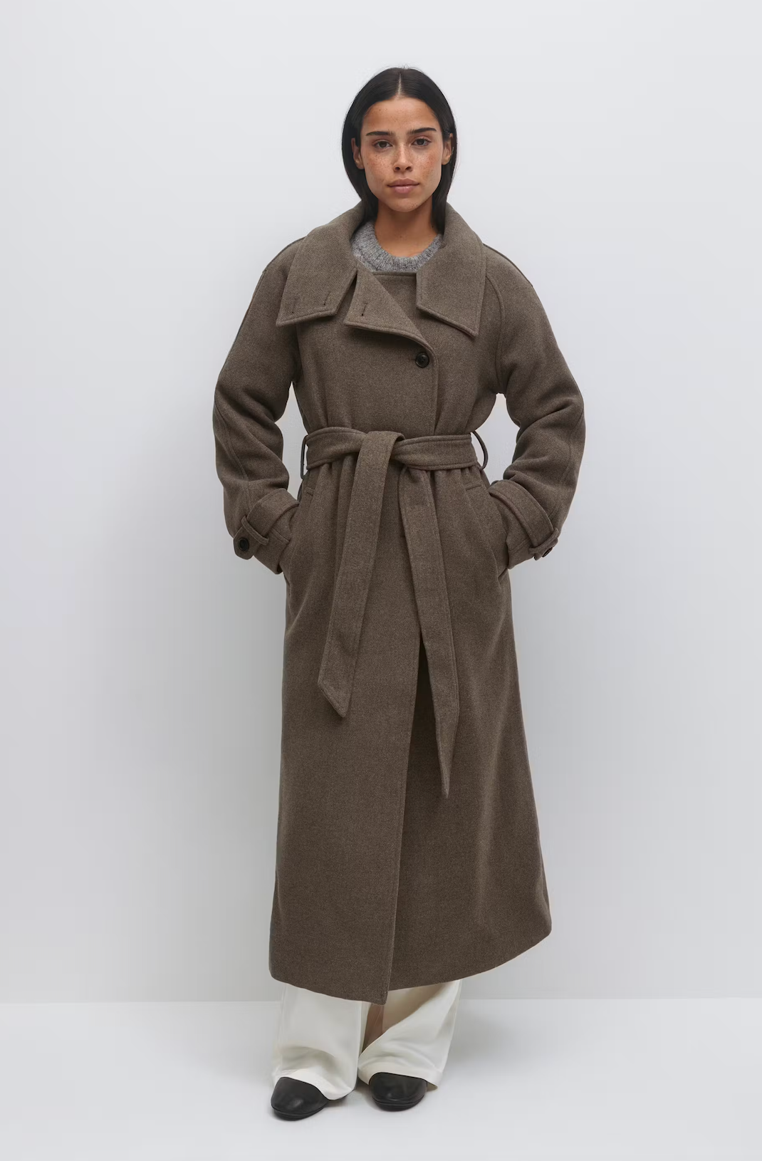 Belted wool blend coat 23815 taupe grey