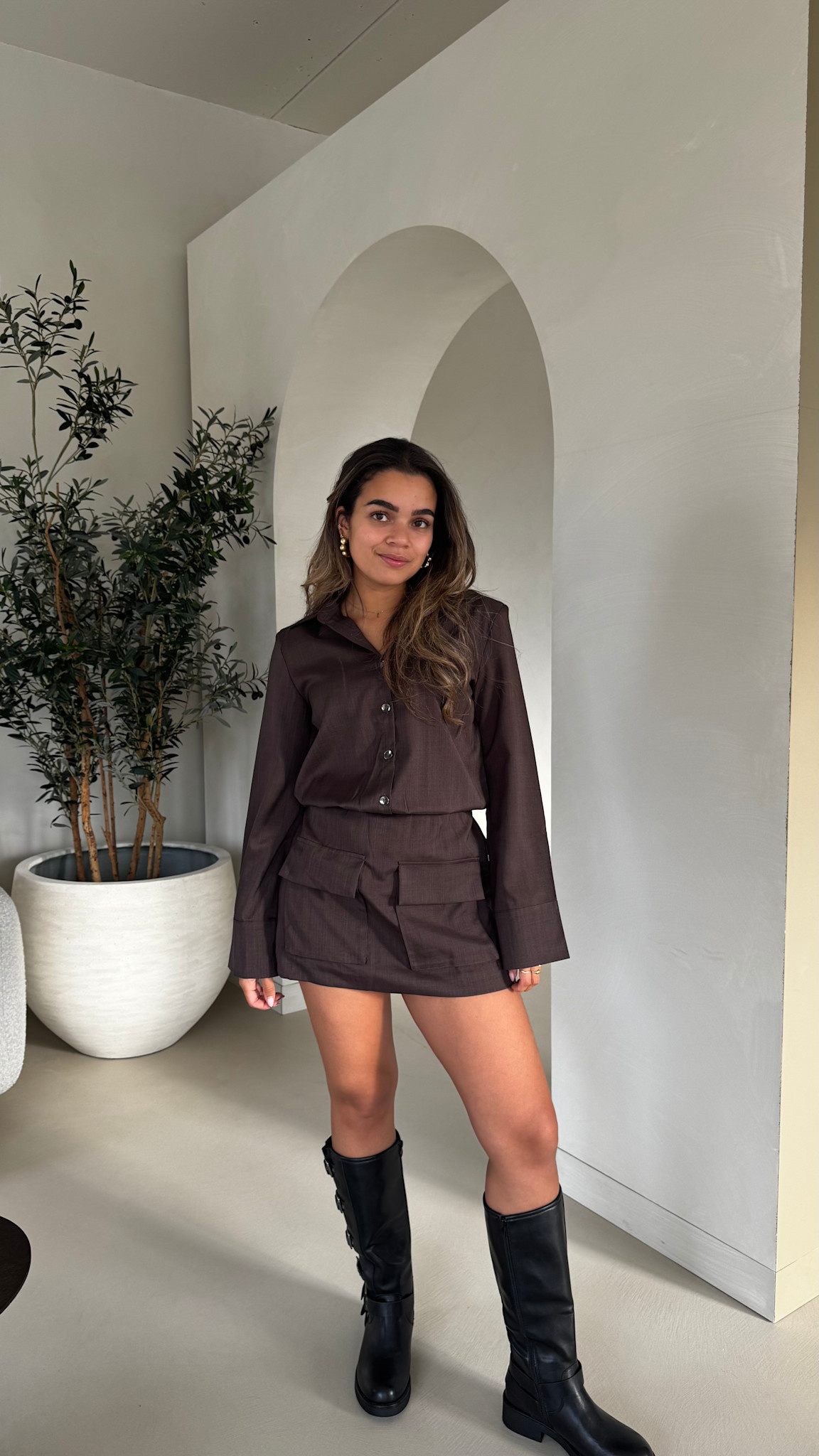 Longsleeve dress front pockets - brown