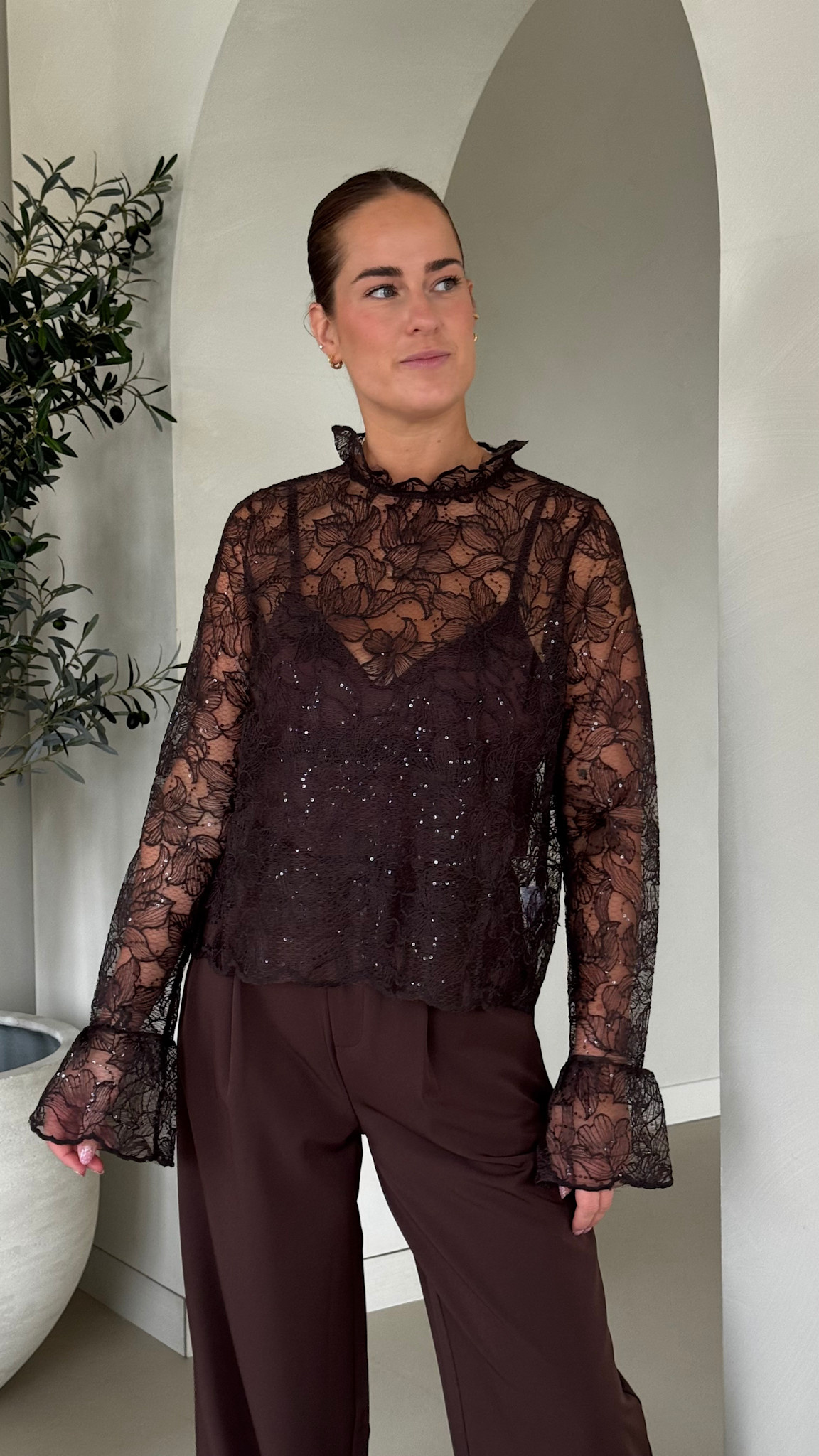 Blouse bloemen sequins see through - brown
