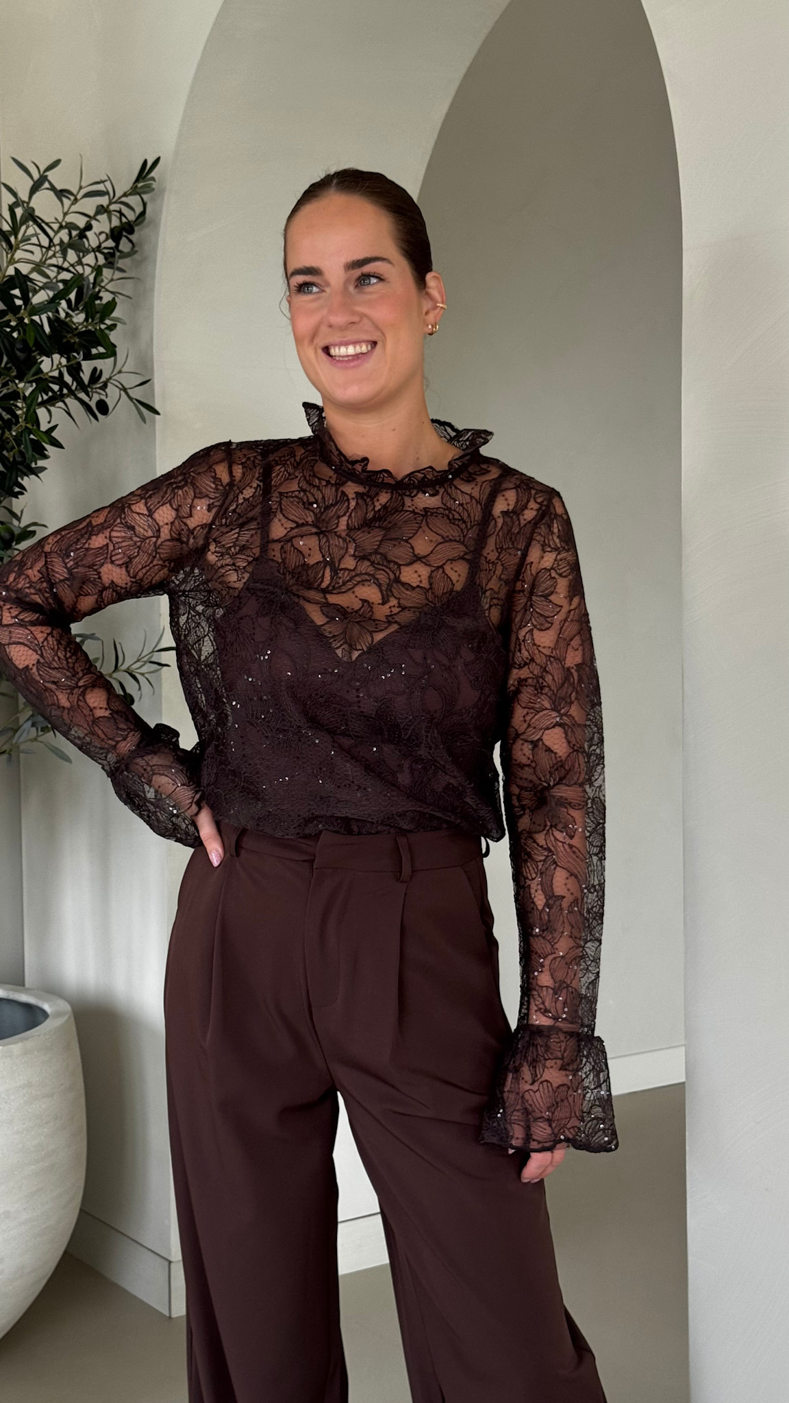 Blouse bloemen sequins see through - brown