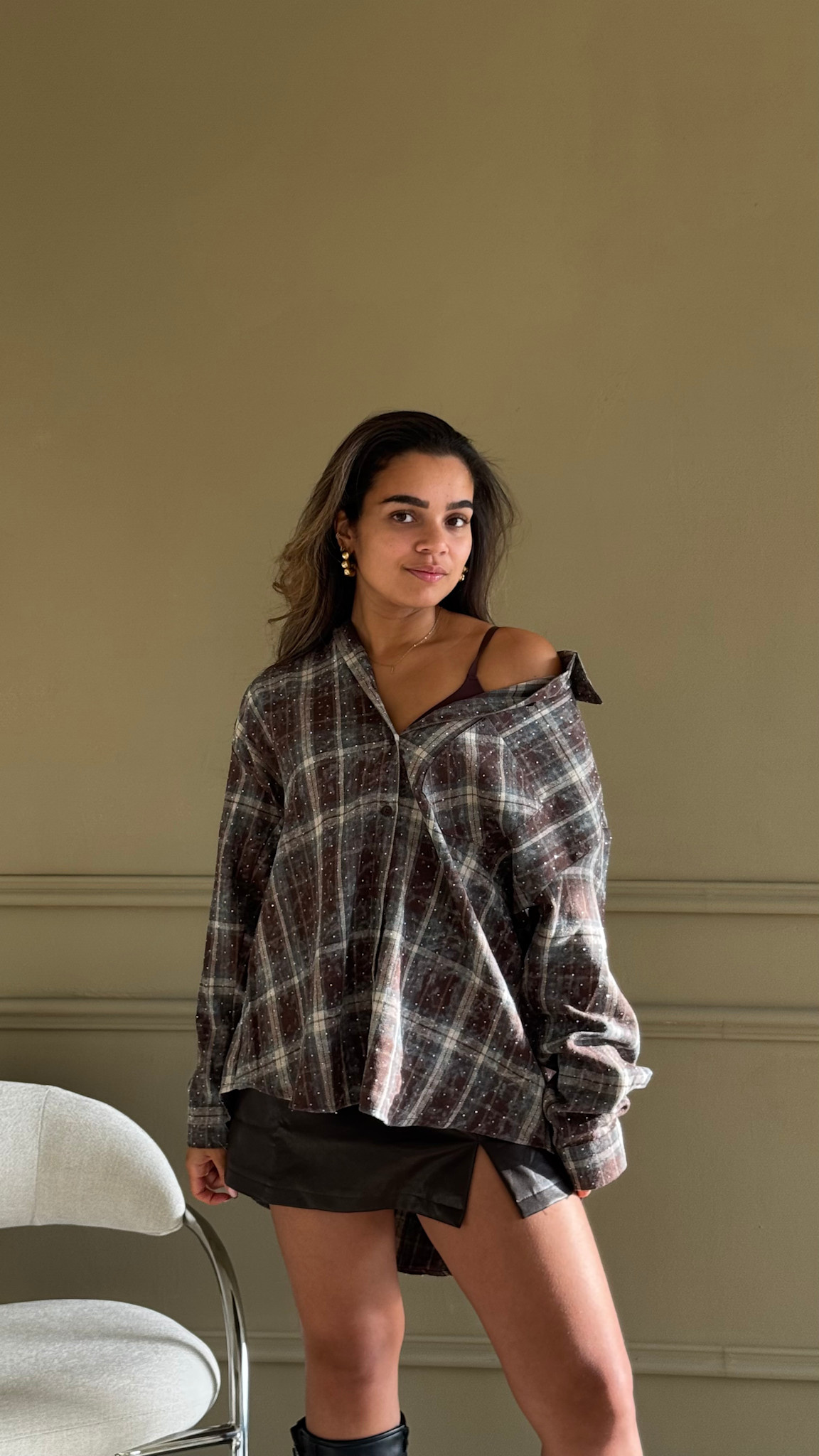 Geblokte blouse studs - bruin