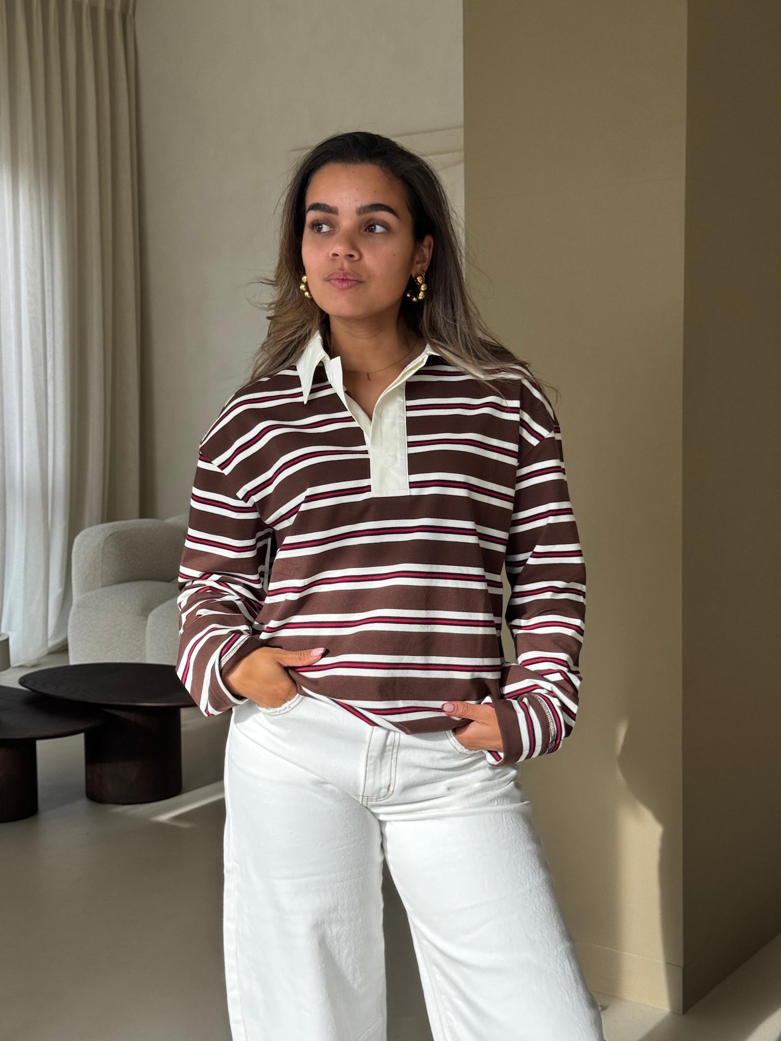 Striped polo longsleeve - brown