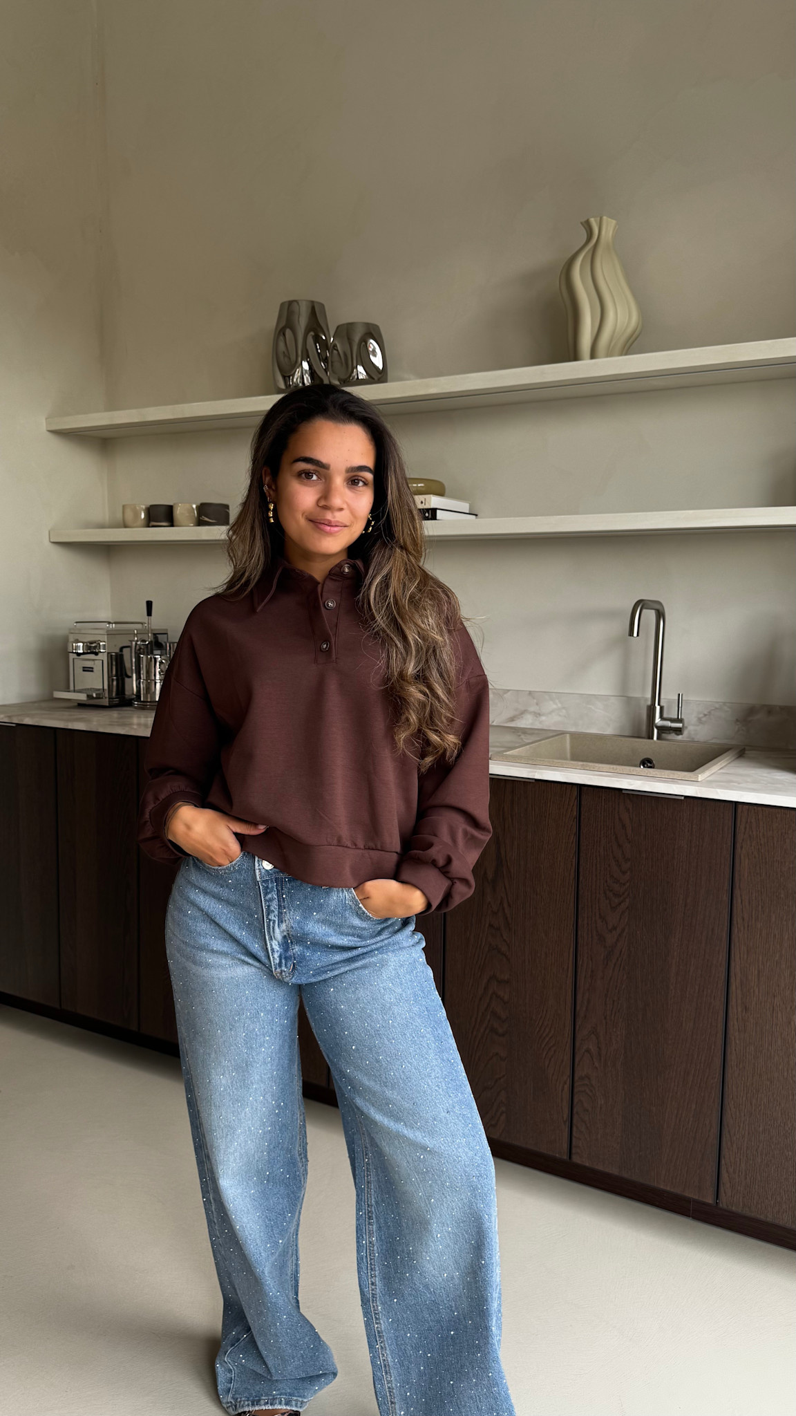 Cropped sweater polo kraag - bruin