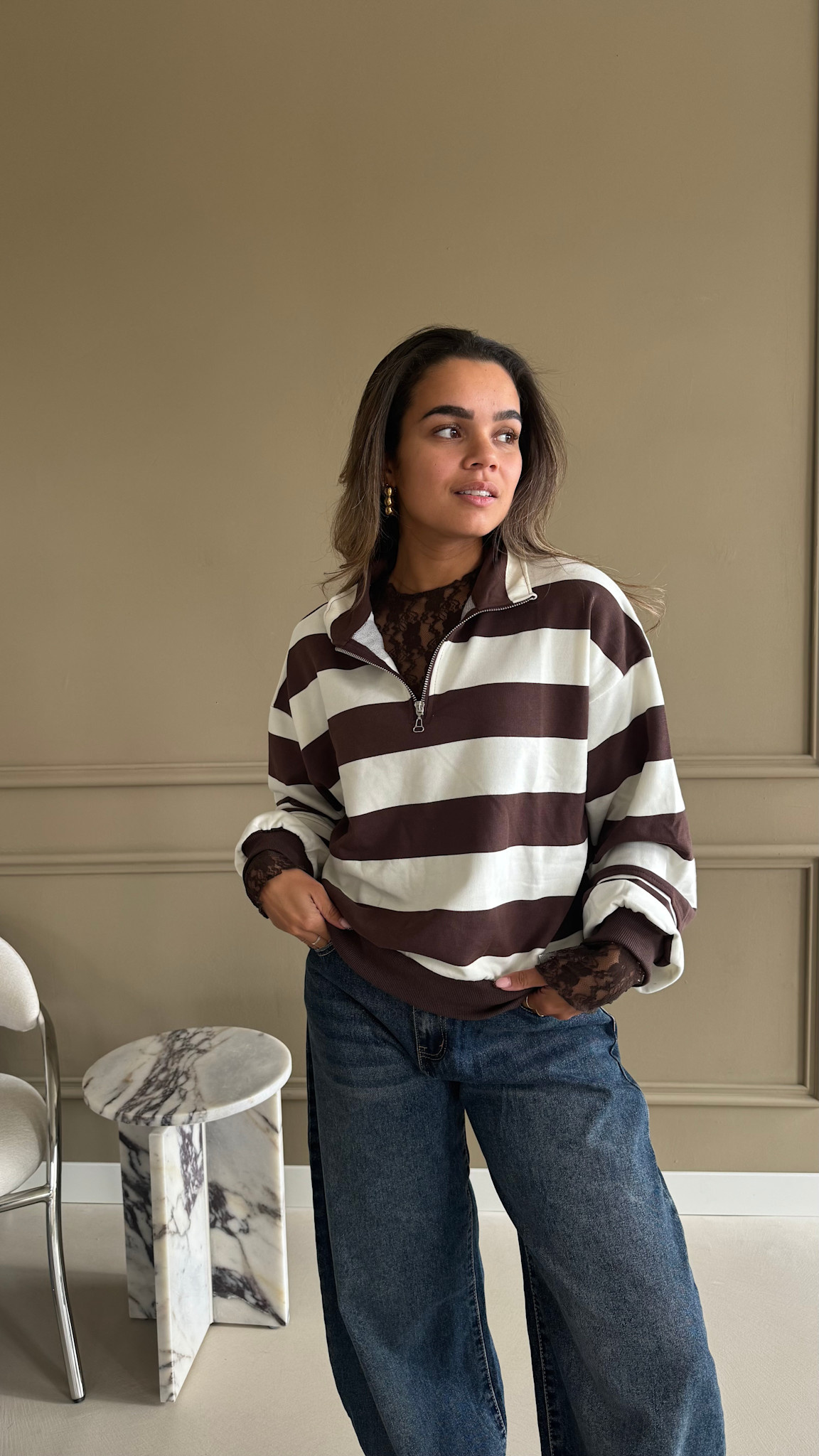Sweater col striped - brown/offwhite