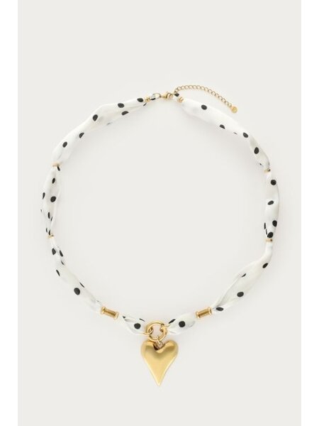 Witte ketting met zwarte polkadot en hartje MJ15209 Goud