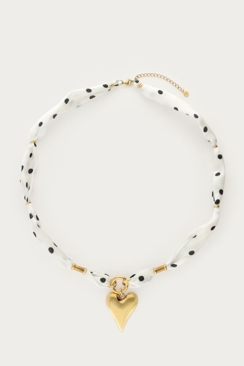 Witte ketting met zwarte polkadot en hartje MJ15209 Goud