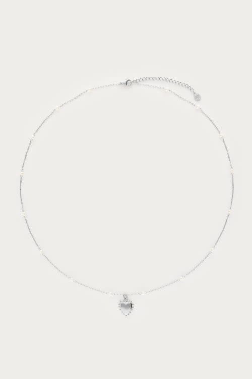 Ketting met hartjes bedel en imitatieparels MJ09228 Zilver
