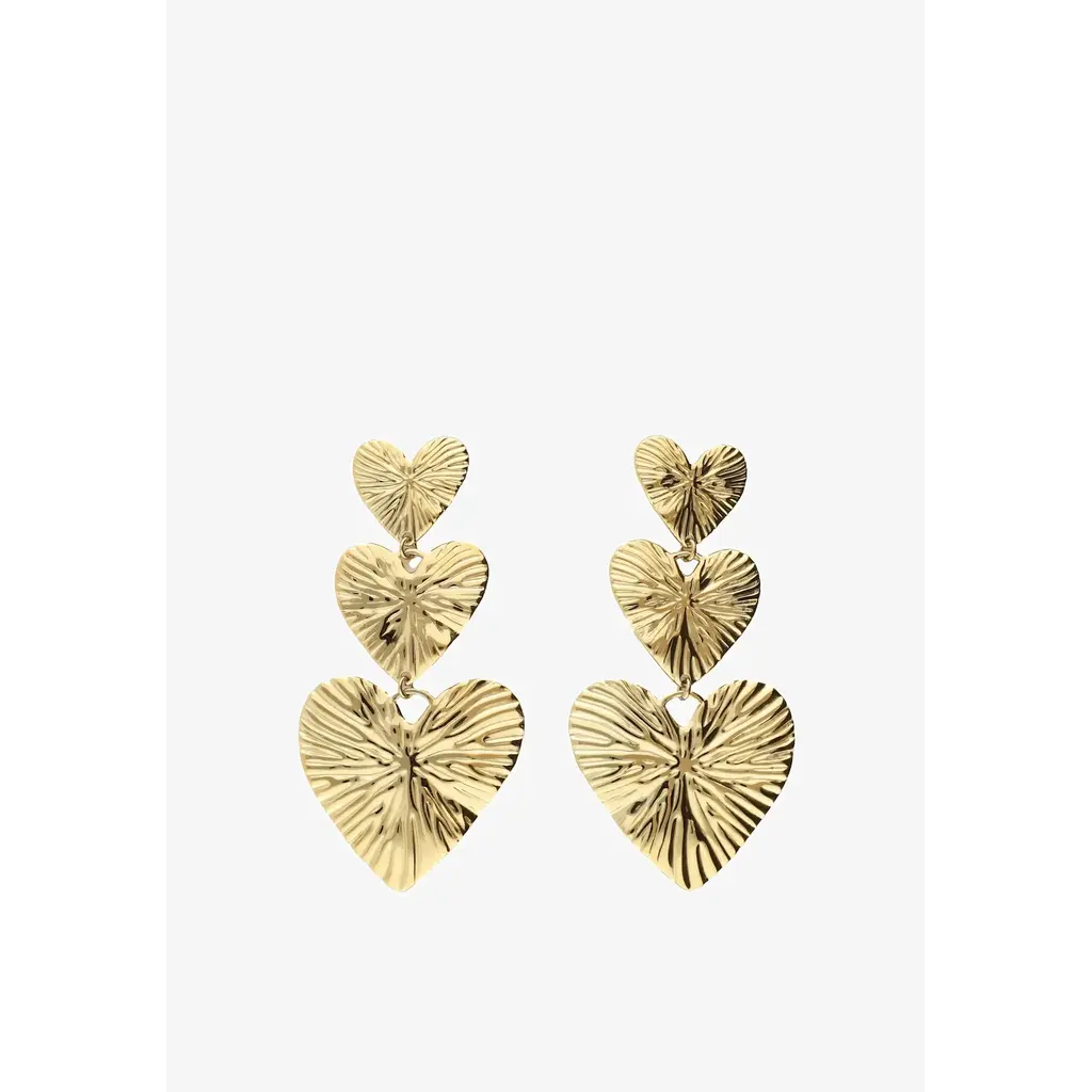 Oorbellen 3 hearts hammered stripe MJ11805 Goud