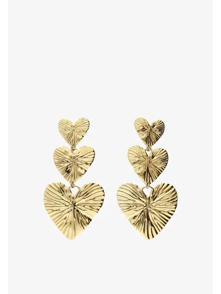 Oorbellen 3 hearts hammered stripe MJ11805 Goud