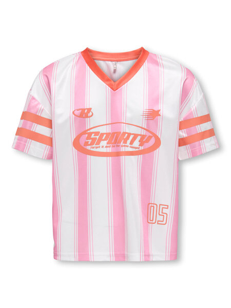 KIDS ONLY KOGLULA S/S V-NECK SPORTY TOP CS JRS 15379283 Bright White Begonia Pink Stripes/Tigerlily Letters