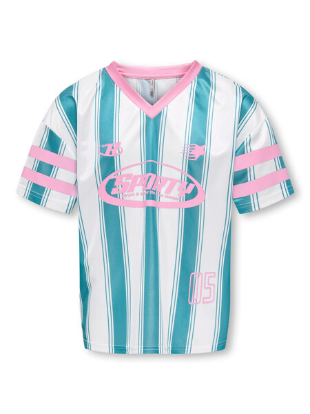 KIDS ONLY KOGLULA S/S V-NECK SPORTY TOP CS JRS 15379283 Bright White Biscay Bay Stripes/Begonia Pink Letters