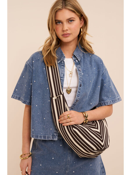 Bruine crossbody tas met beige strepen MJ15852