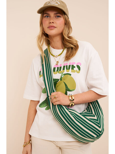 Groene crossbody tas met beige strepen MJ15851