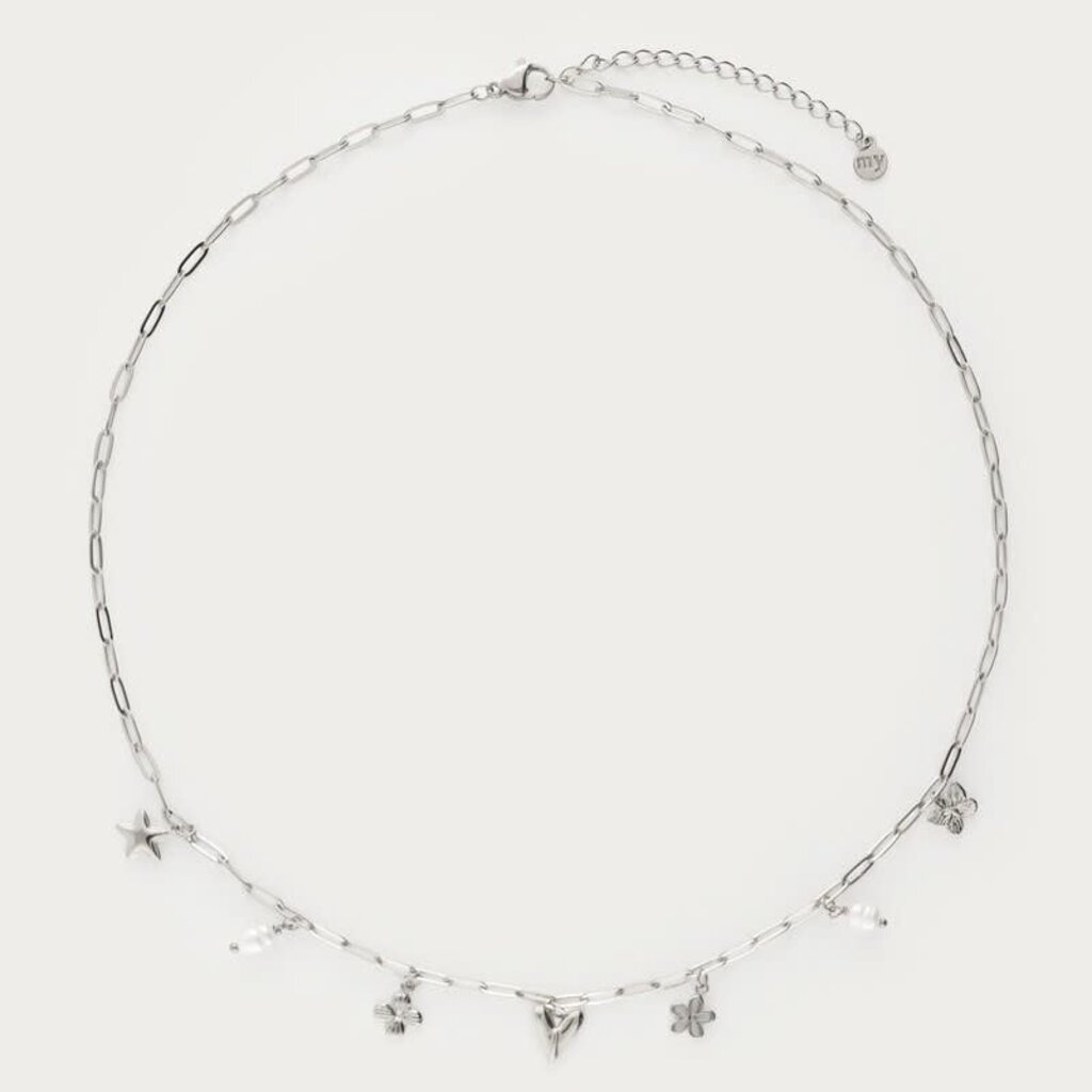 Minimalistische schakelketting met zeven bedels MJ15976 zilver