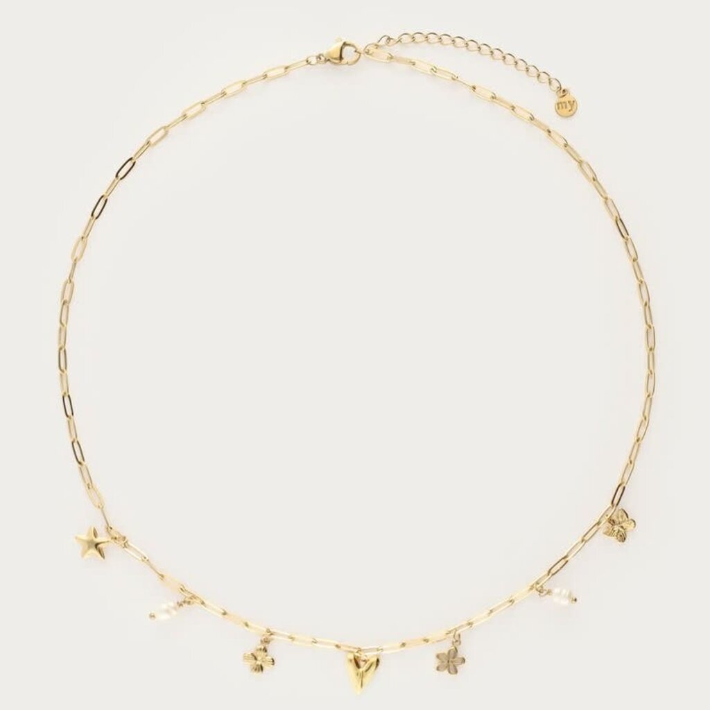 Minimalistische schakelketting met zeven bedels MJ15976 goud