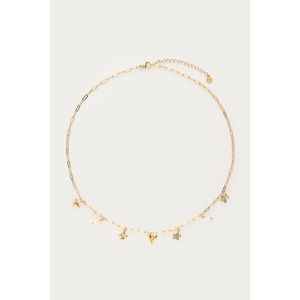 Necklace 7 charms heart flower pearls MJ15976 Goud