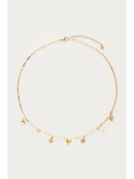 Ketting 7 charms heart flower pearls MJ15976 Goud