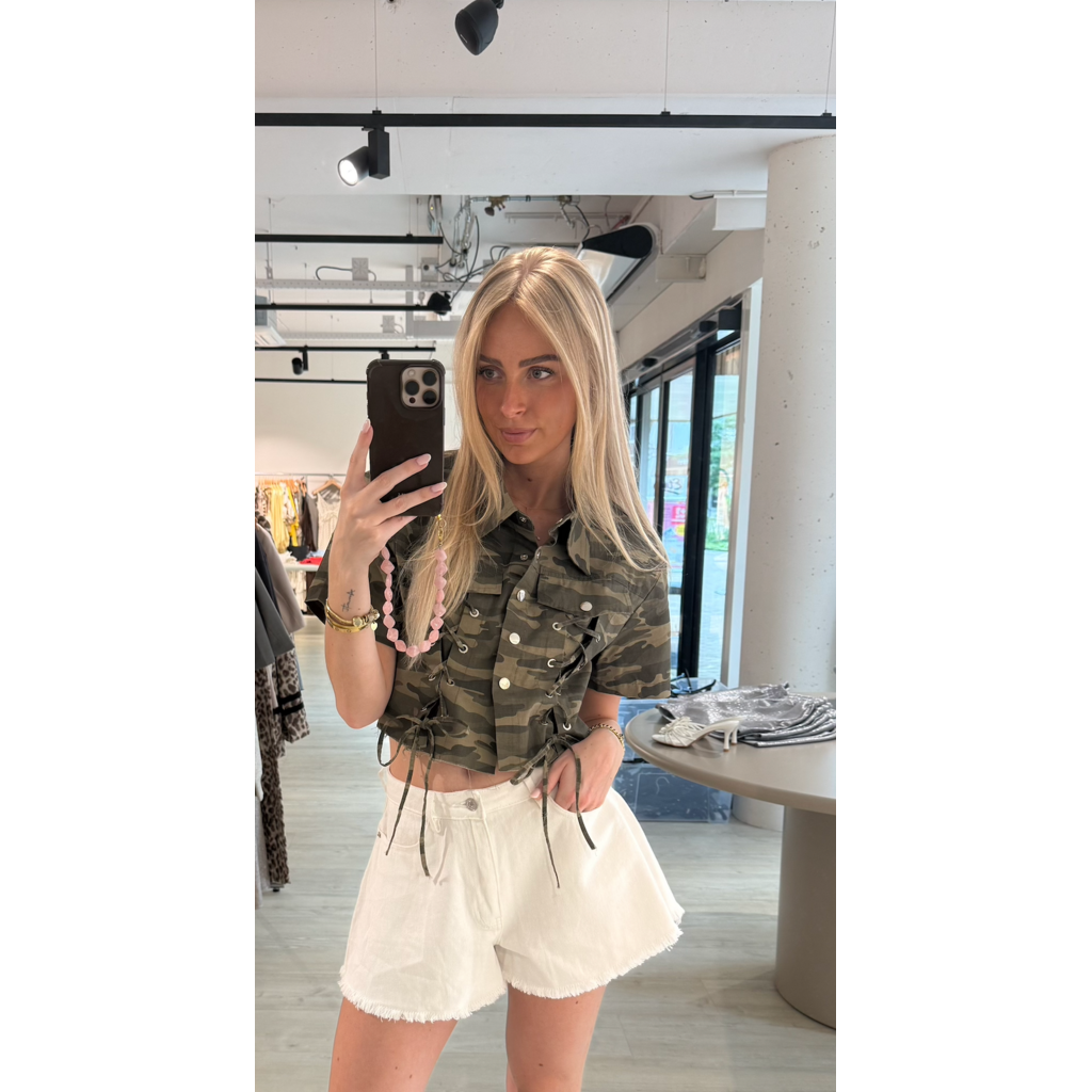 Camo lace up blouse ss