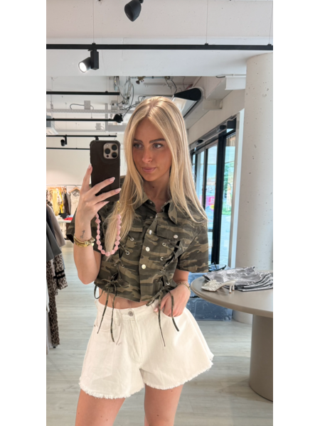 Camo lace up blouse ss