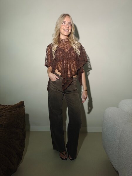 Lace ss top zijkant strik - bruin