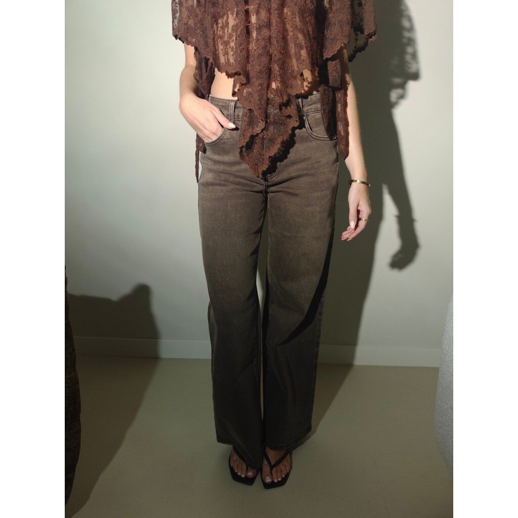 Wide leg stretch jeans raw hem RD - brown