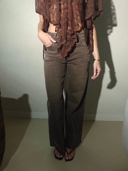 Wide leg stretch jeans raw hem RD - brown