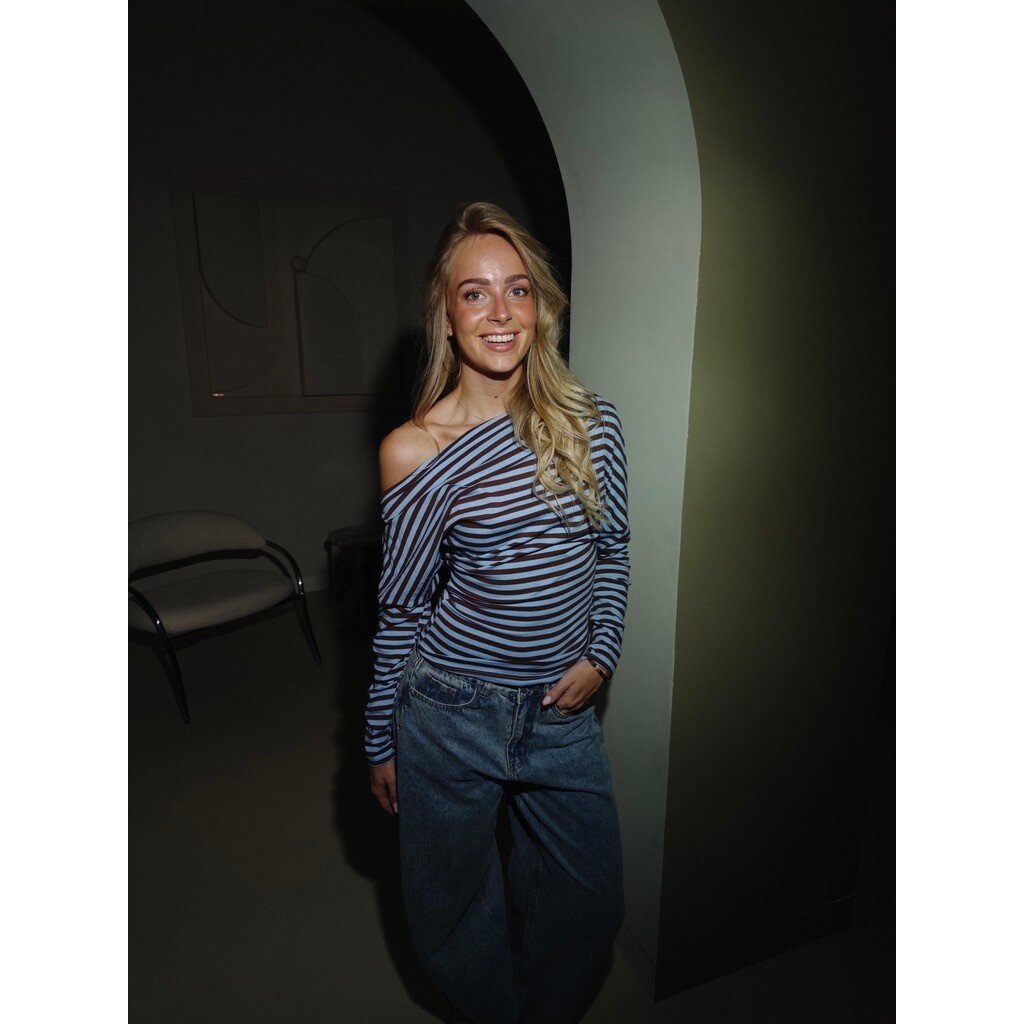 Offshoulder striped longsleeve - bruin/sky blue