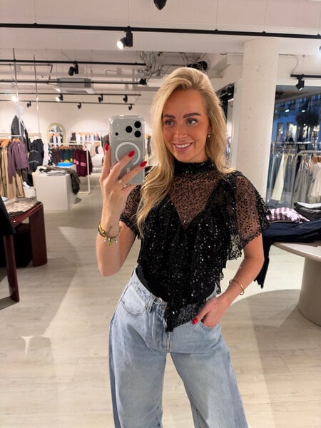 Sequins ss top ruffle V front - black