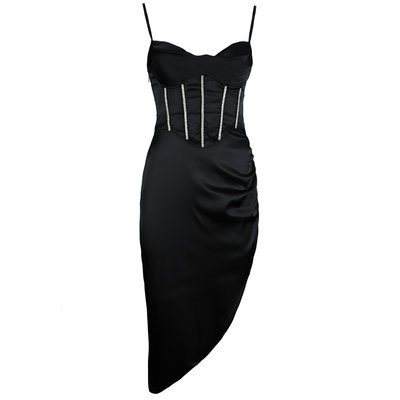 JAIMY Asymmetrical diamond detail satin dress black
