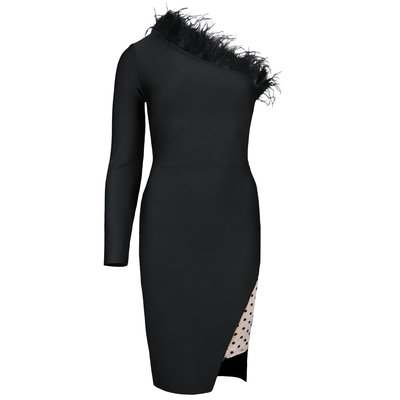 JAIMY One shoulder feather detail bandage dress