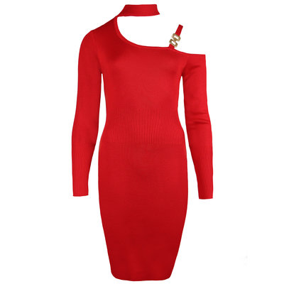 JAIMY Chain detail one shoulder knitwear dress red