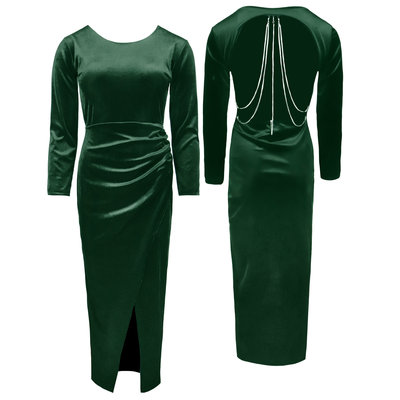 JAIMY Diamond detail open back velvet dress green