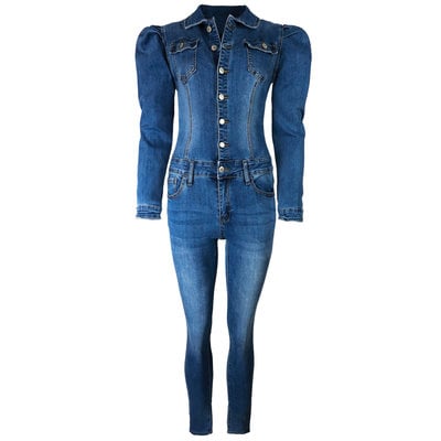 JAIMY Puff sleeve denim jumpsuit dark blue