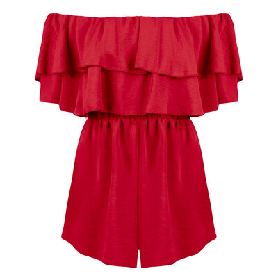 JAIMY Ruffle off shoulder playsuit red