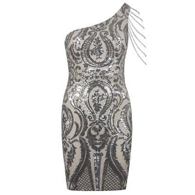 JAIMY Emilia beaded detail sequin dress beige