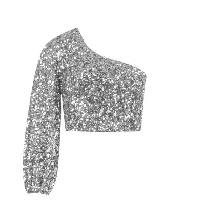 JAIMY Willa one shoulder sequin top silver