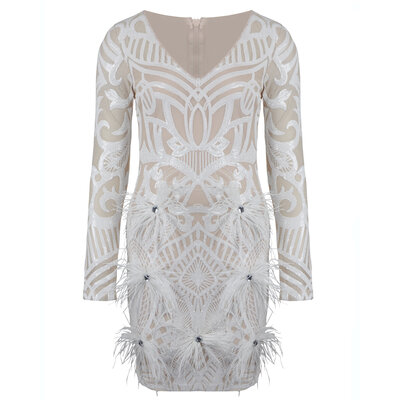 JAIMY Nyra feather detail sequin dress white