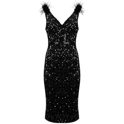 JAIMY Marigold feather detail sequin dress black
