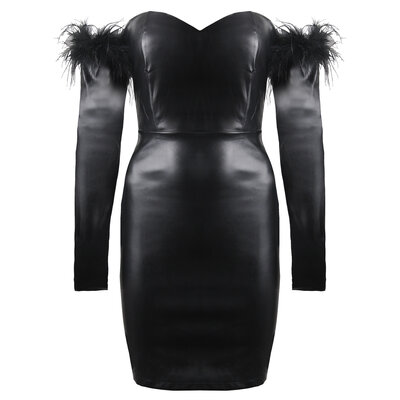 JAIMY Feather detail leather dress
