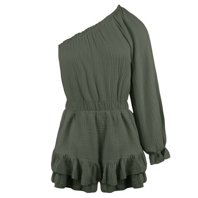 JAIMY One shoulder cotton playsuit army green