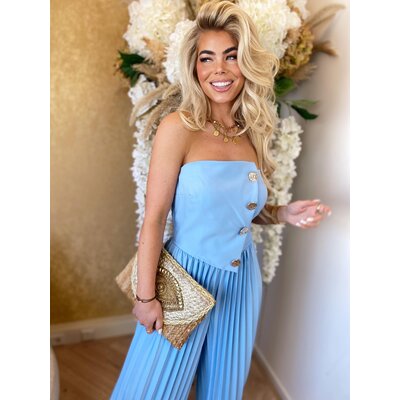 JAIMY Eden plisse gold button jumpsuit light blue