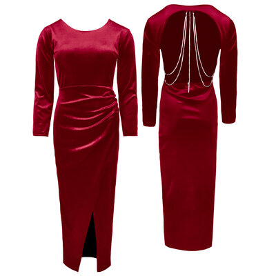 JAIMY Diamond detail open back velvet dress red