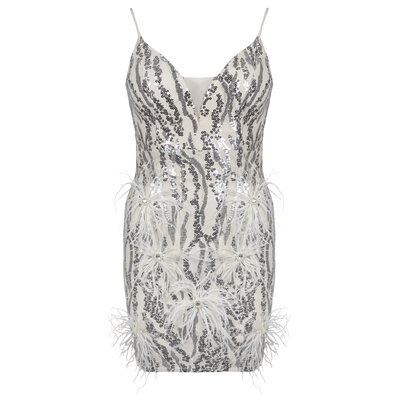 JAIMY Juliette feather detail sequin dress silver
