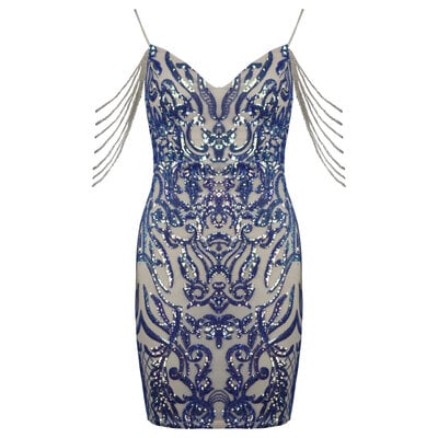 JAIMY Rhea beaded detail sequin dress beige/blue