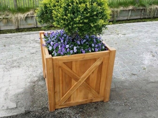 Teak plantenbak vierkant 90x90cm met kruis