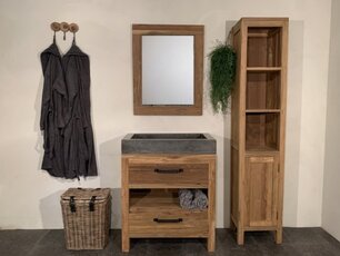 Houten badkamermeubel set 80cm Naturel incl  kast, spiegel & wasbak